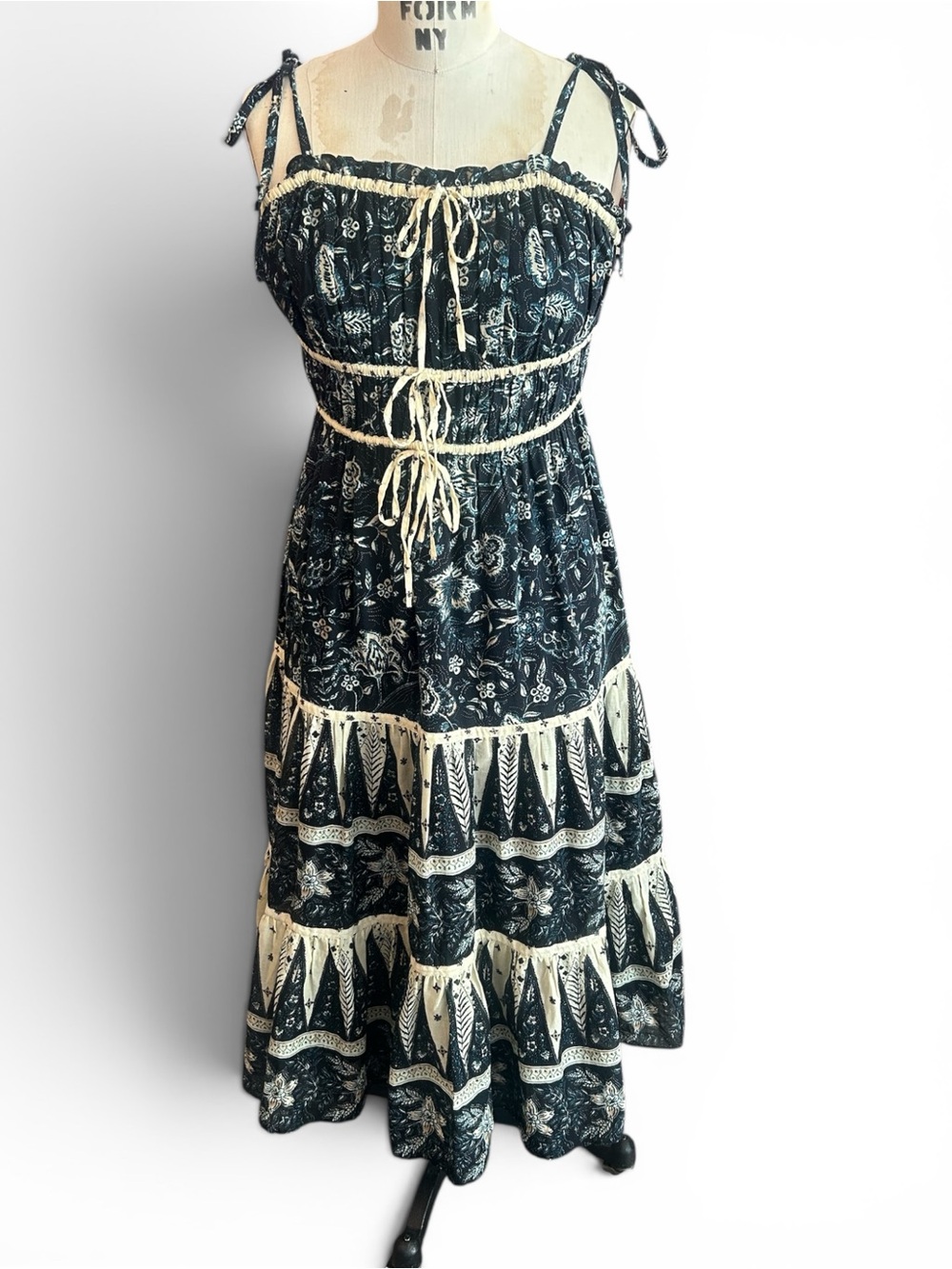 Christian Lacroix Navy and Cream Tiered Midi Dress Boho Cotton S - Picture 4 of 7